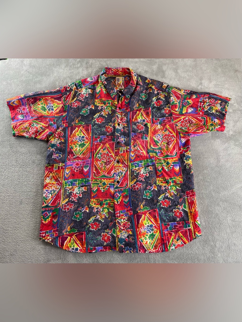 Vintage On The Brink Shirt XL Mens Button 90s Silk Abstract Floral Red Aloha SS